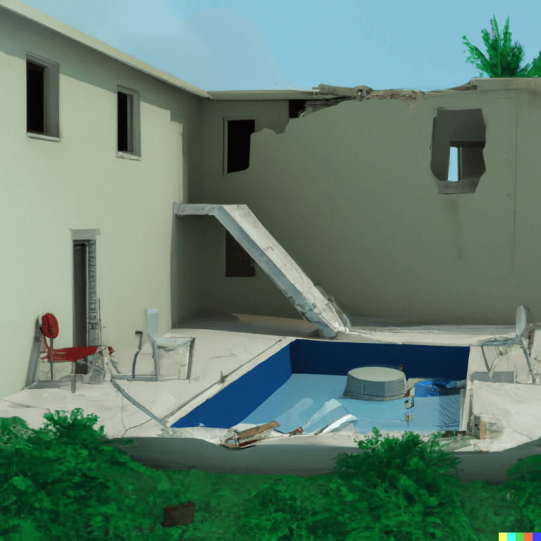 Casa de hormigón intacta con piscina rodeada de ruinas tras un terremoto